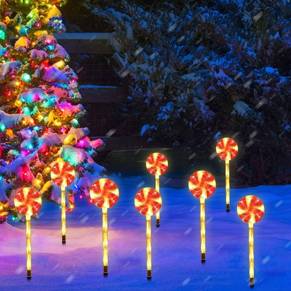 ADruer 8 Pack Christmas Lights Outdoor, 44 LED Lollipop Peppermint Lights Christmas Stakes, Candy Cane Christmas Decorations with Warm White Light for Xmas Holiday Patio Yard
