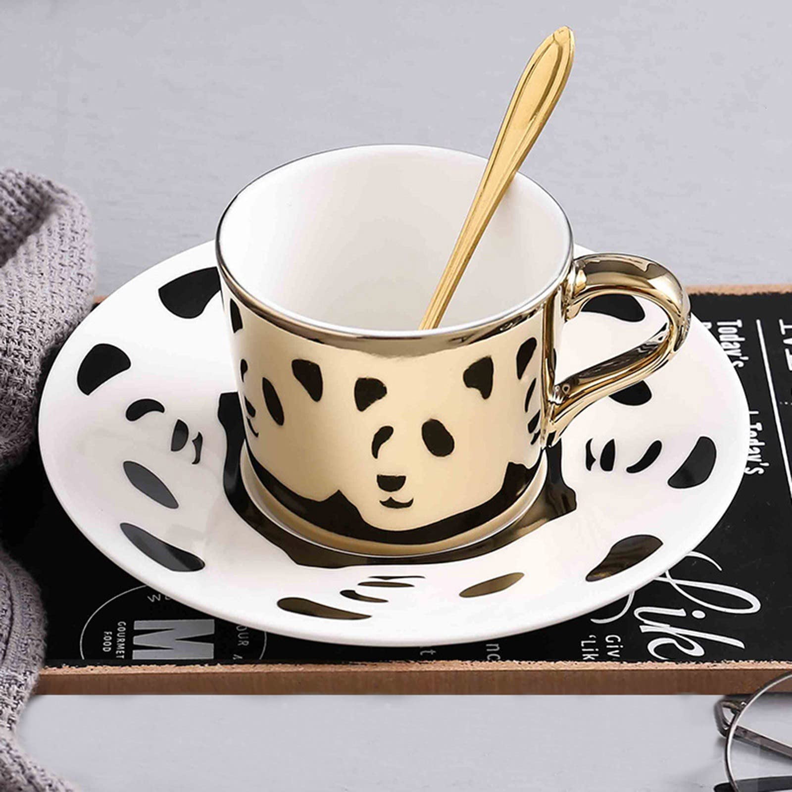 ADruer Angled Mirror Cup & Saucer, Moving Reflection Mirror Panda Coffee Mug for Cappuccino, Milks, Espresso, Tea, Coffee, Christmas Gifts, 11oz