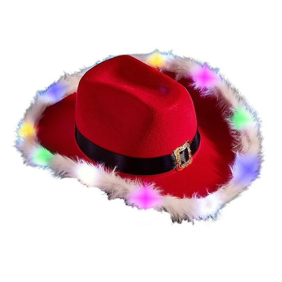 ADruer Santa Claus Hat with Light Christmas Cowboy Hat Cap for Adults Teenage Girls or Women