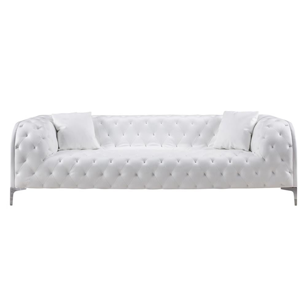White Tufted Faux Leather Sofa with Wooden Frame