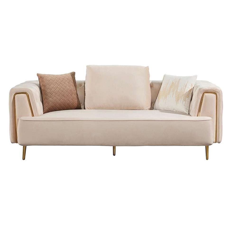Cream Velvet Sofa with Tufted Back and Metal Legs