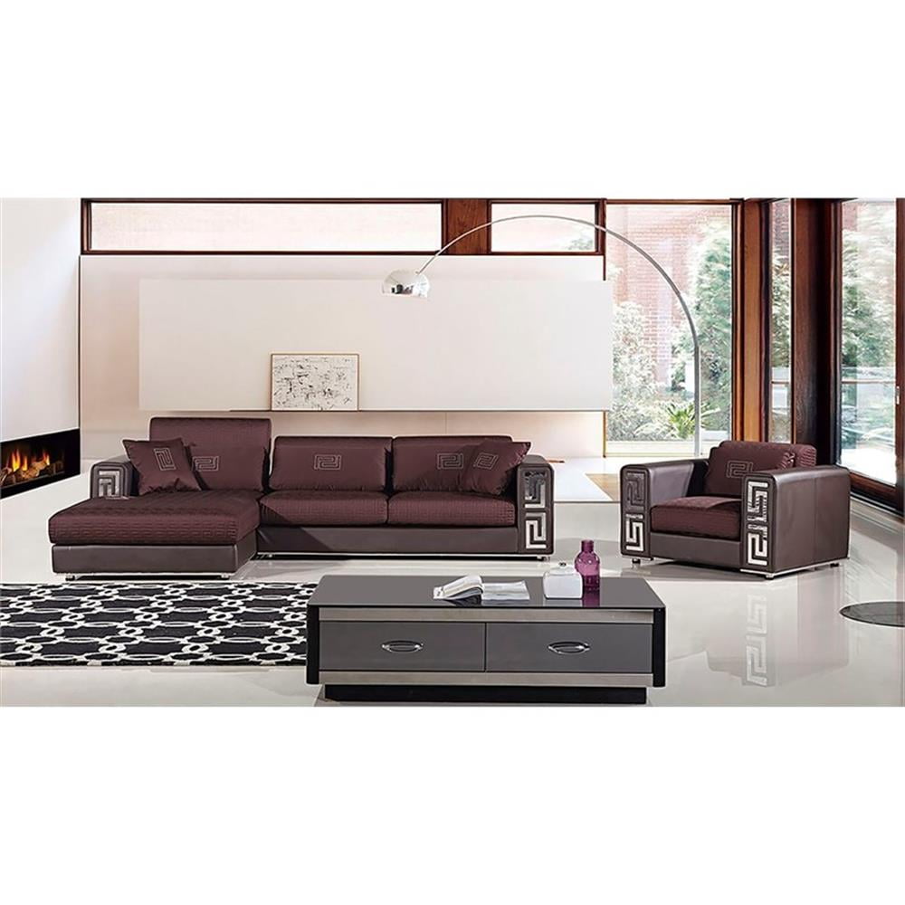 Brown Faux Leather and Wood Sectional Sofa with Chaise