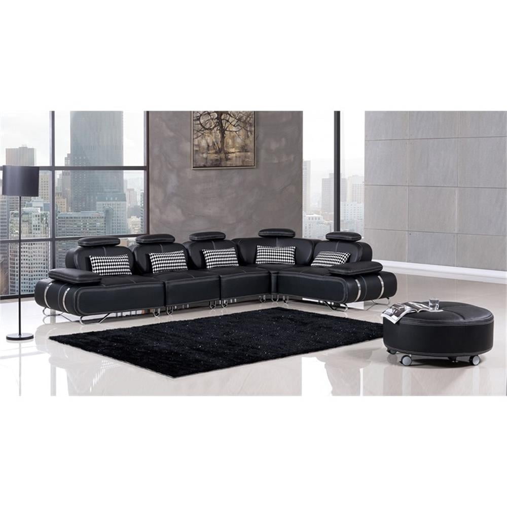 Black Faux Leather Sectional Sofa with Ottoman and Headrest