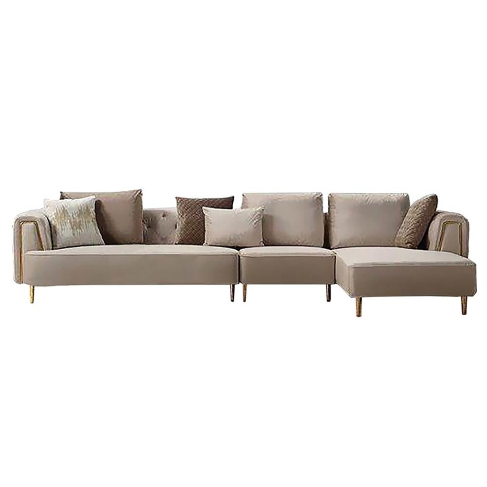 Cream Velvet Tufted Three-Piece Sectional Sofa with Wood Frame