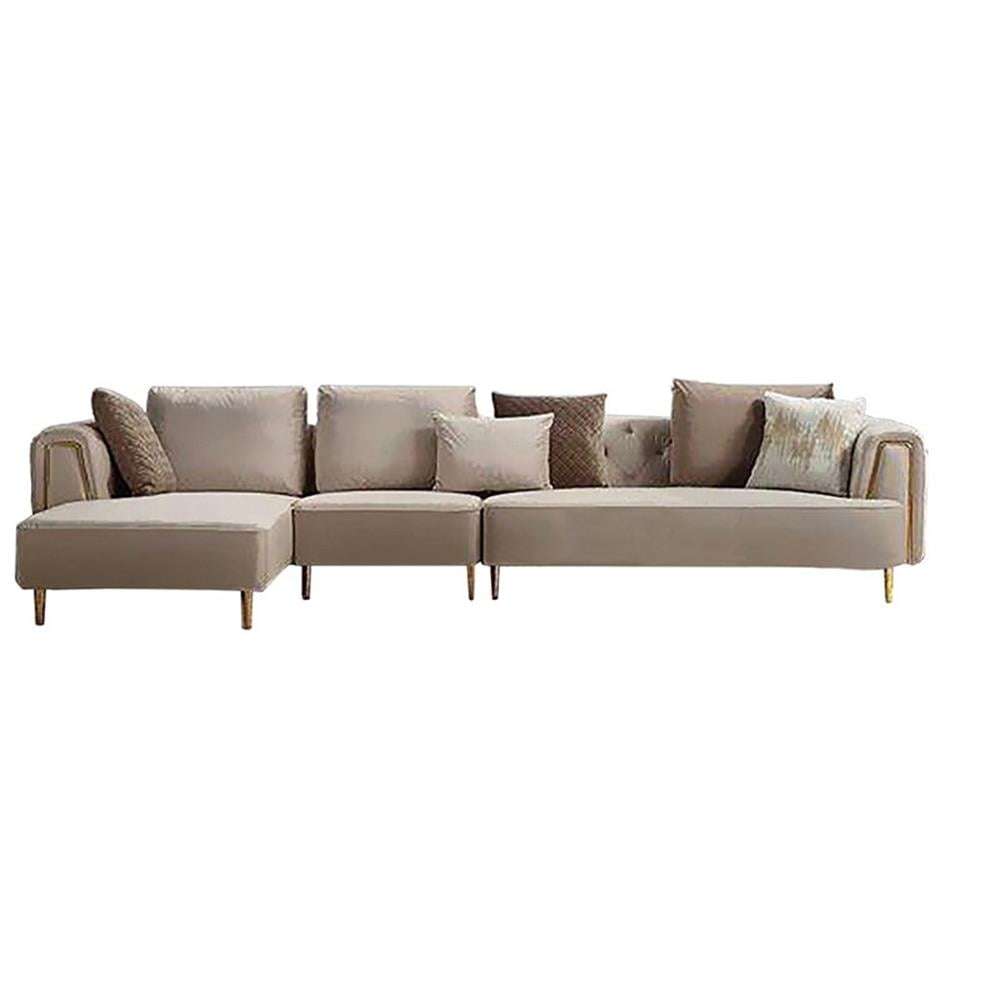 Cream Velvet Tufted Three-Piece Sectional Sofa with Wood Legs
