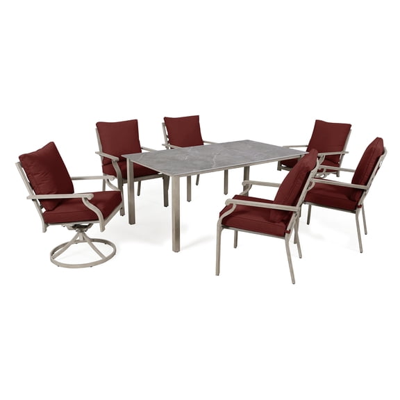 AE Outdoor 7-Piece Outdoor Patio Dining Set for 6 People, Swivel Rocking Chairs with Extra Long Sintered Stone Table, Heavy Duty All-Weather HDPE Frame, Water Resistant Cushions