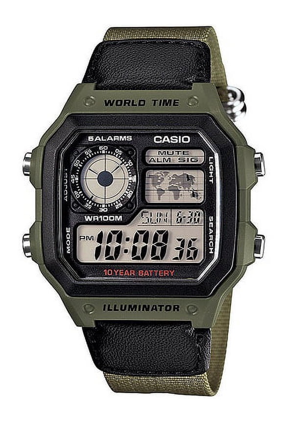 AE1200WHB-3B Unisex Classic Casual Grey Digital Dial Green Cloth Strap Watch