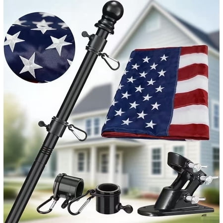 AEASKIEY Black Flagpole with American Flag and Bracket, 3×5 Embroidered American Flag,Heavy Duty Stainless Steel with Two No-Tangle Ball, 6ft