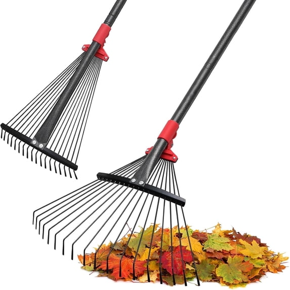AEASKIEY Adjustable Leaf Rake with Expandable Head 8-17'', 60'' Long Handle Garden Rakes for Lawns, Heavy Duty for Gardening RV Camping, Red