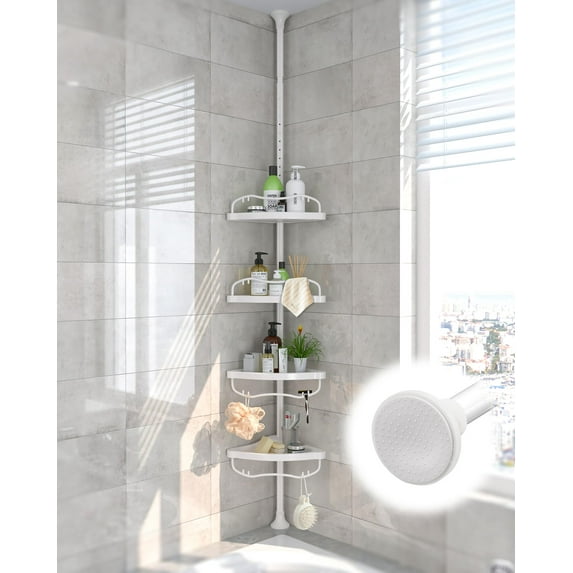 AEASKIEY Corner Shower Caddy, Rustproof ABS Shower Shelves with 32-125 Inch Steel Poles, Drill Free Shower Organizer, 4 Layer Adjustable Shelves with Tension Pole, Large Shower Storage, Silver