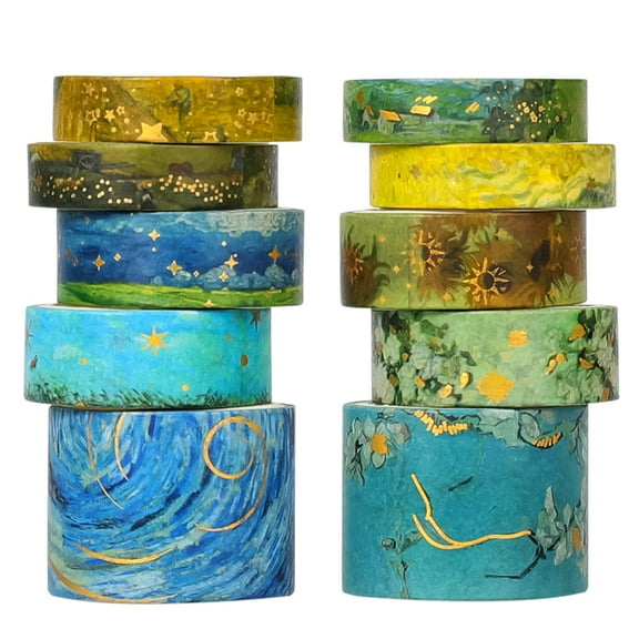 AEBORN Van Gogh Washi Tape - Vintage Watercolor Washi Masking Tape Set with Gold Foil - Aesthetic Decorative Tape Perfect for Bullet Journal, Scrapbook, DIY Crafts
