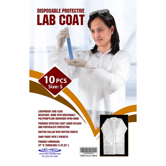 AEC White Lab Coats with 3 pockets, knitted collar and sleeves. Unisex S Size Disposable Polypropylene Lab Coats. Disposable Lab Coats Pack of 10