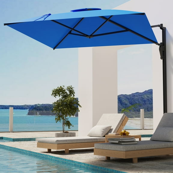 AECOJOY 10 ft Wall Mounted Patio Umbrella Outdoor Rectangle Umbrella with 180° Rotation for Outside in Blue