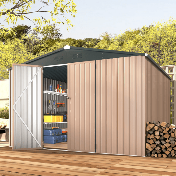 AECOJOY 10' x 10' Outdoor Metal Storage Shed with Lockable Door for Backyard& Patio, Outside use