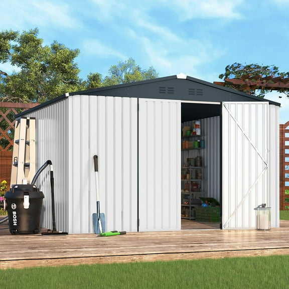 AECOJOY 10' x 10' Outdoor Storage Shed with Lockable Door Patio Metal Garden Storage Building in White for Outside