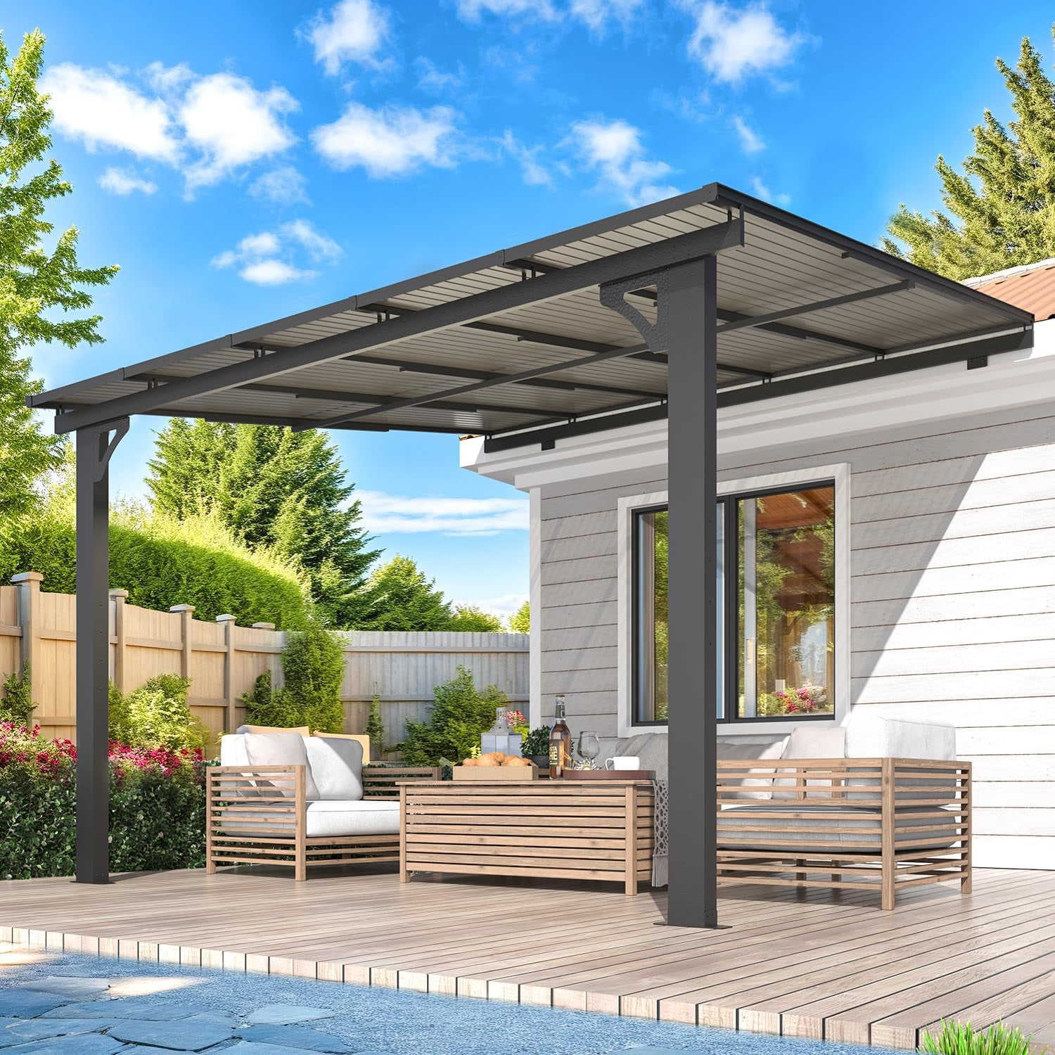 AECOJOY 10' x 10' Wall-Mounted Hardtop Gazebo Outdoor Aluminum Pergola with Adjustable Height ​for Garden, Patio, Backyard-​Gray