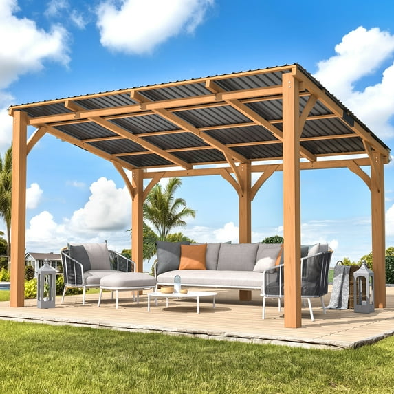 AECOJOY 10' x 10' Wood Gazebo, Outdoor Heavy Duty Wooden Pergola on Clearance, Patio Lean to Hardtop Awnings