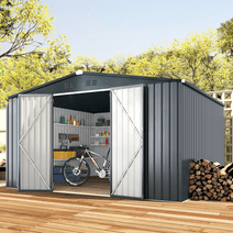AECOJOY 10' x 12' Outdoor Metal Storage Shed with Lockable Door for Backyard in Gray