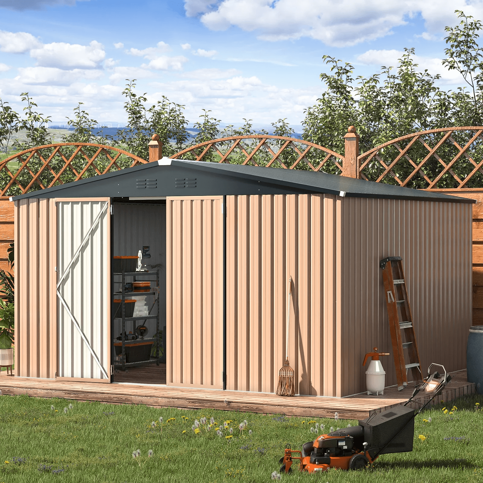 Tan 10' x 12' Metal Outdoor Storage Shed with Lockable Door