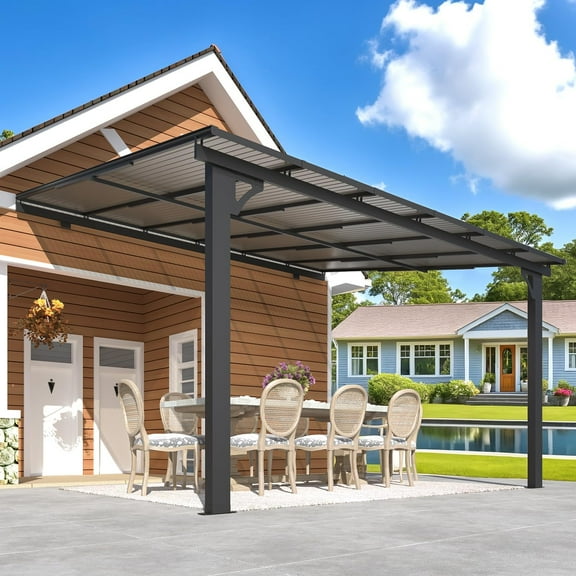 AECOJOY 10' x 12' Wall-Mounted Hardtop Gazebo Outdoor Aluminum Pergola with Adjustable Height ​for Garden, Patio, Backyard-​Gray