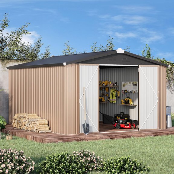 AECOJOY 10' x 14' Outdoor Storage Shed with Lockable Door Patio Metal Garden Storage Building in Brown for Outside
