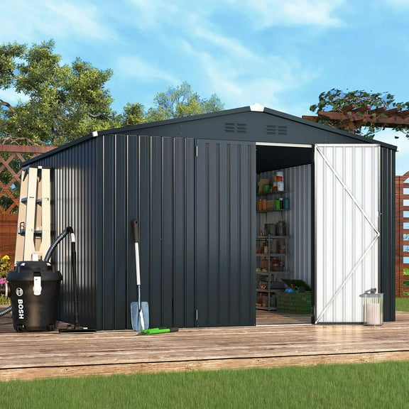 AECOJOY 10' x 14' Outdoor Storage Shed with Lockable Door Patio Metal Garden Storage Building in Dark Gray for Outside