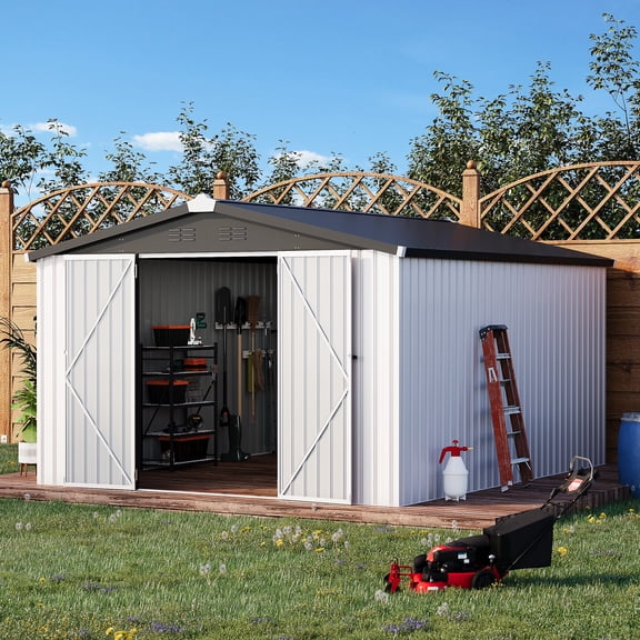 AECOJOY 10' x 14' Outdoor Storage Shed with Lockable Door Patio Metal Garden Storage Building in White for Outside