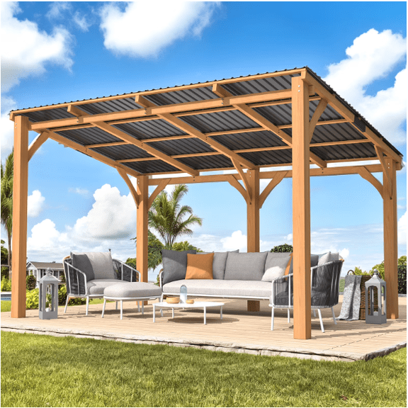 AECOJOY 10' x 14' Wood Gazebo, Outdoor Heavy Duty Wooden Pergola on Clearance, Patio Lean to Hardtop Awnings