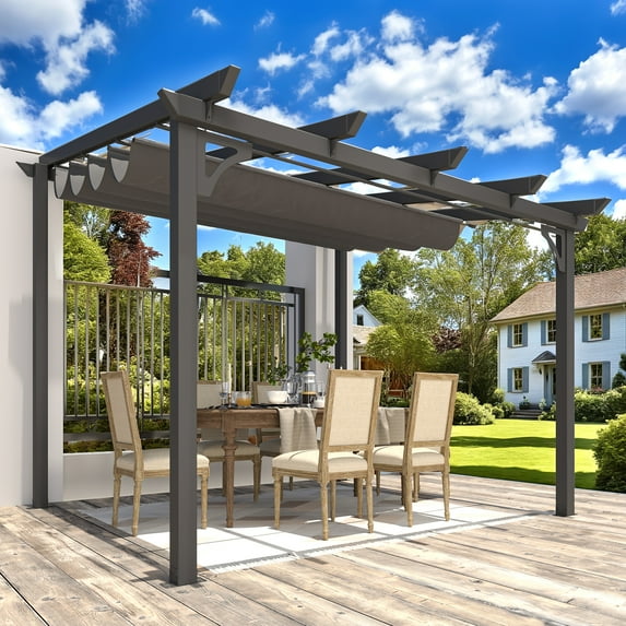AECOJOY 10' x 8' Outdoor Retractable Pergola with Canopy, Aluminum Pergola Patio Grill Gazebo w/ Drainage Holes & Windproof Hooks