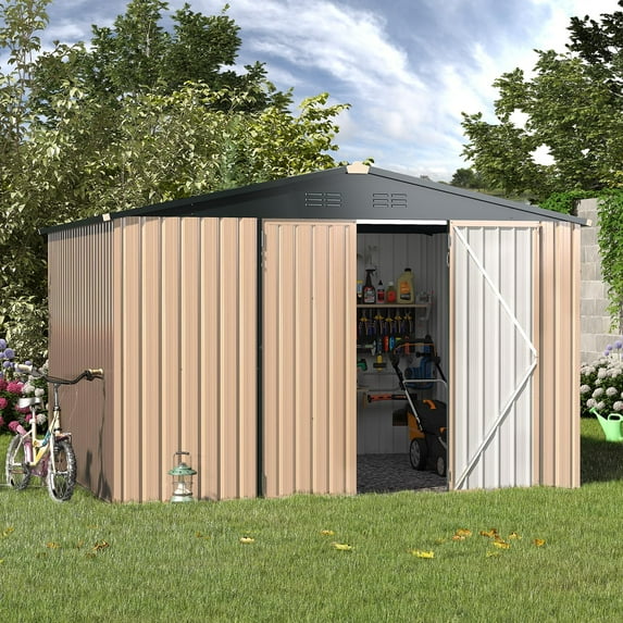 AECOJOY 10' x 8' Outdoor Storage Shed with Lockable Door Patio Metal Garden Storage Building in Brown for Outside