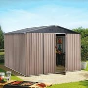 AECOJOY 10' x 8' Outdoor Storage Shed with Lockable Door Patio Metal Garden Storage Building in Brown for Outside