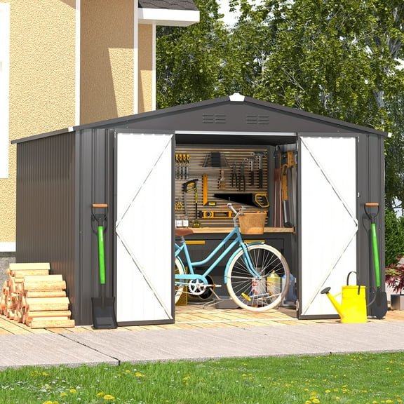 AECOJOY 10 x 8 ft. Outdoor Metal Storage Shed with Sliding Roof & Lockable Door in Dark Gray
