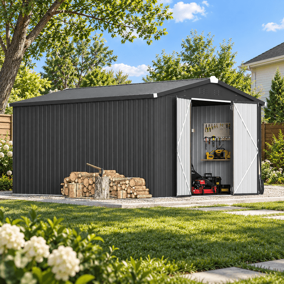 AECOJOY 10'x14' Waterproof Galvanized Steel Storage Shed with Lockable Double Doors, Dark Gray, for Backyard & Patio