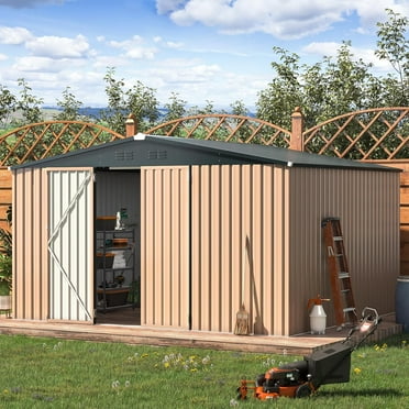 AECOJOY 12' x 10' Outdoor Storage Shed with Lockable Door Patio Metal Garden Storage Building in Brown for Outside