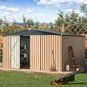 AECOJOY 12 x 10 Outdoor Storage Shed with Lockable Door Patio Metal Garden Storage Building in Brown for Outside