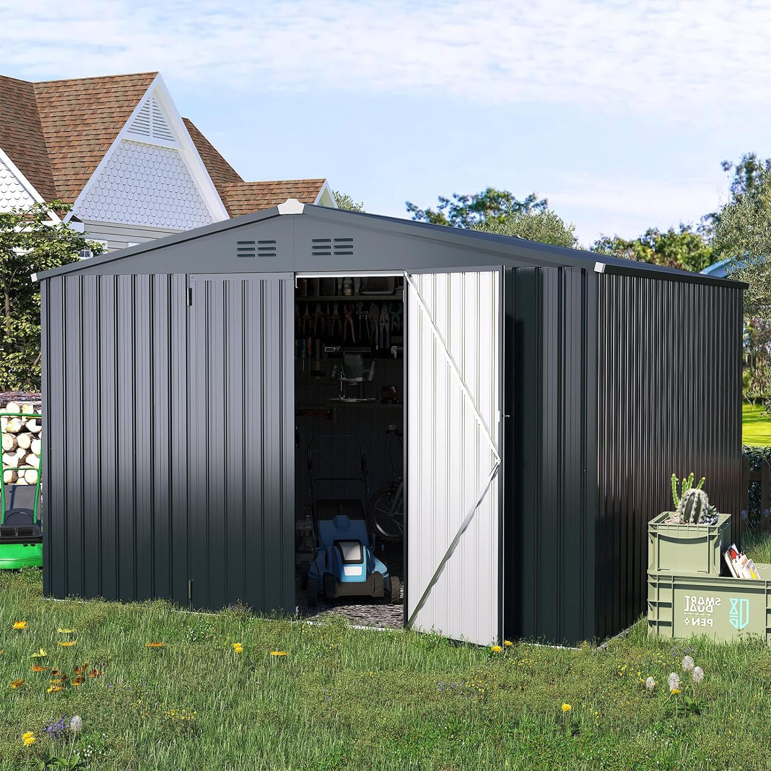 Dark Gray 10' x 12' Metal Outdoor Storage Shed with Lockable Doors