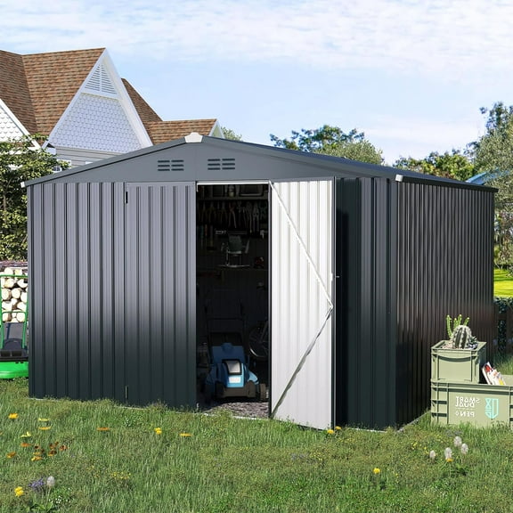 AECOJOY 12' x 10' Outdoor Storage Shed with Lockable Door Patio Metal Garden Storage Building in Dark Gray for Outside
