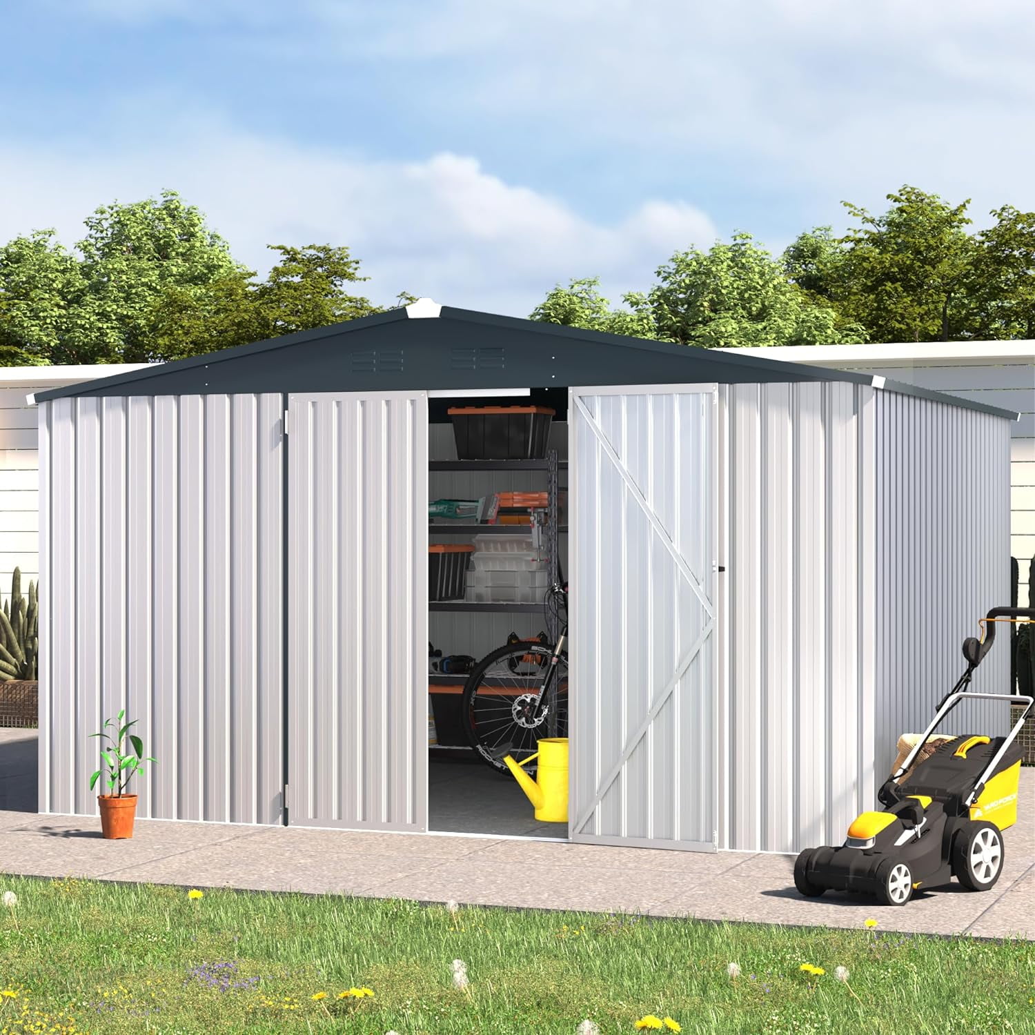 [08X10FT] Alora Premium Large White Outdoor Metal Garden Storage Shed (SAK93617)