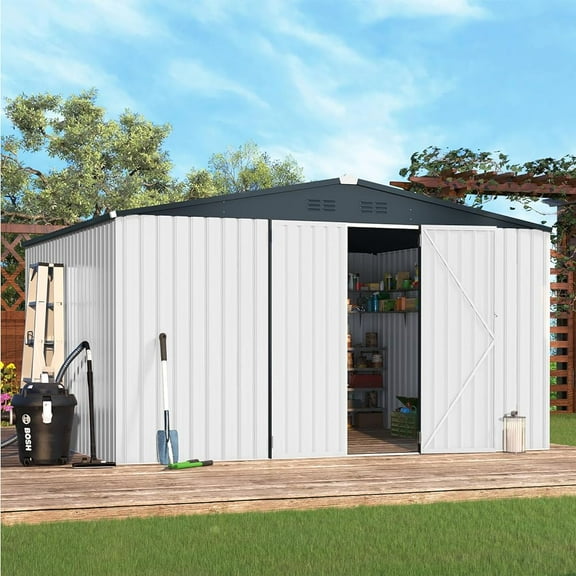 AECOJOY 12' x 10' Outdoor Storage Shed with Lockable Door Patio Metal Garden Storage Building in White for Outside