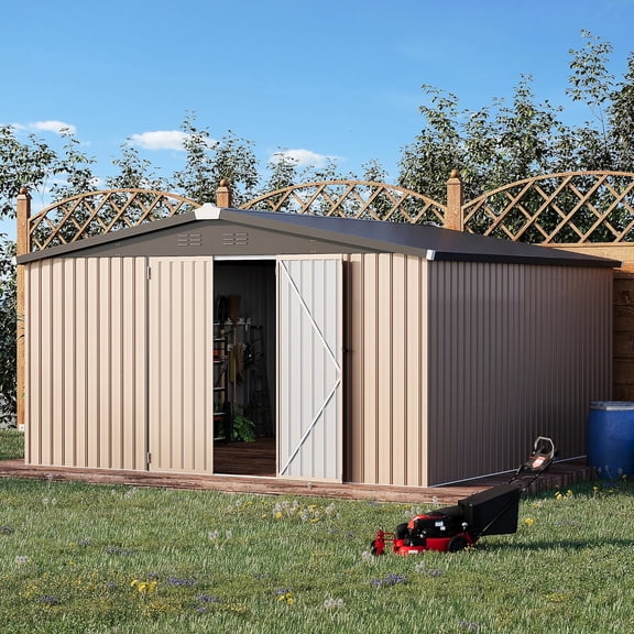 AECOJOY 12' x 12' Outdoor Metal Storage Shed, Patio Storage Clearance With Lockable Door in Grey