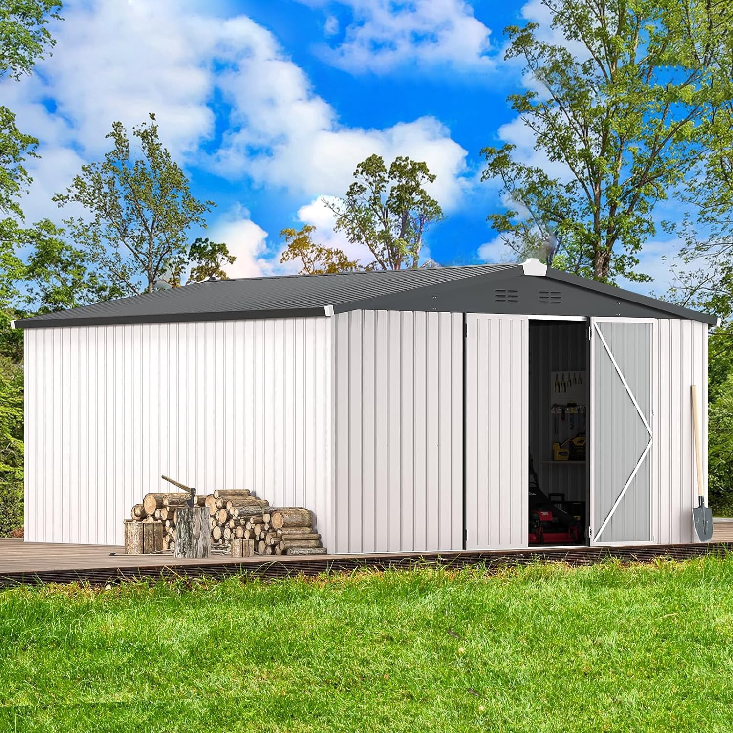 AECOJOY 12' x 12' Outdoor Storage Shed with Lockable Door Patio