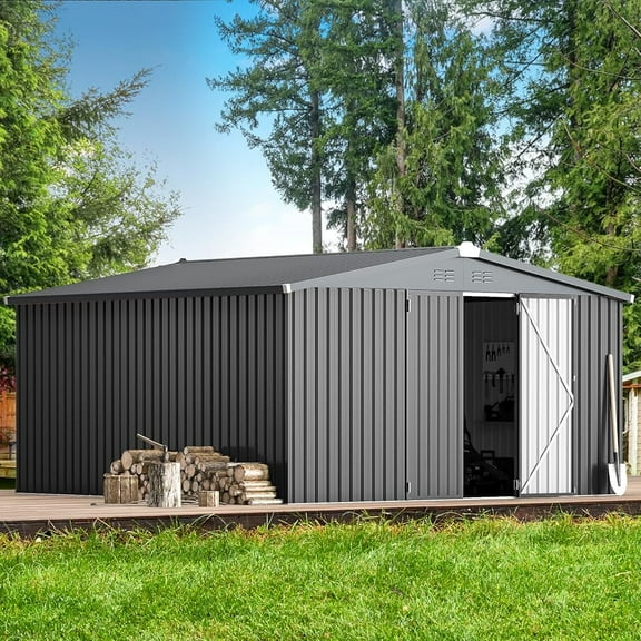 AECOJOY 12' x 12' Outdoor Storage Shed with Lockable Door Patio Metal Garden Storage Building in Dark Gray for Outside