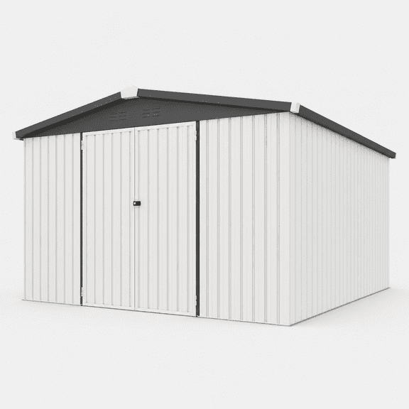 AECOJOY 12' x 12' Outdoor Storage Shed with Lockable Door Patio Metal Large Storage Building in White for Outside
