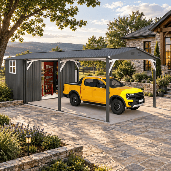AECOJOY 12'x23' Metal Carport with Storage Shed, Galvanized Steel Portable Garage with 12'x6' Shed for RV, Patio