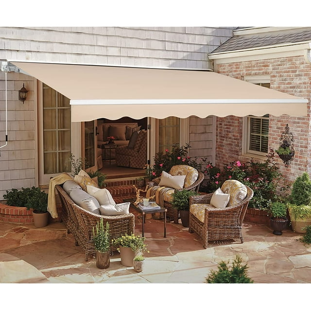 AECOJOY 13' x 8' Manual Retractable Patio Awning,Outdoor Awning Retractable Sunshade Shelter-Beige