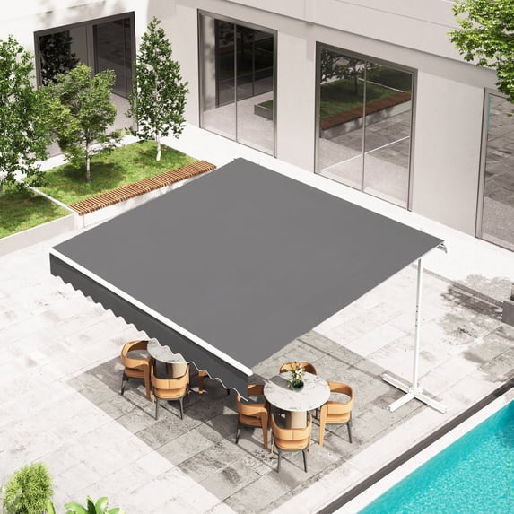 AECOJOY 13x10 ft. Free Standing Retractable Awning -Single Side Patio Awnings Manual Sun Shade - Dark Grey