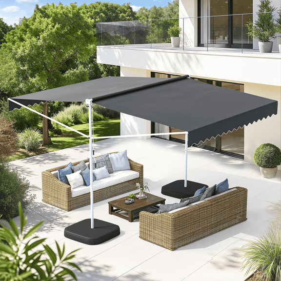 AECOJOY 13x10 ft. Free Standing Retractable Awning with Weighted Base - Dual Side Patio Awnings Manual Sun Shade - Dark Grey