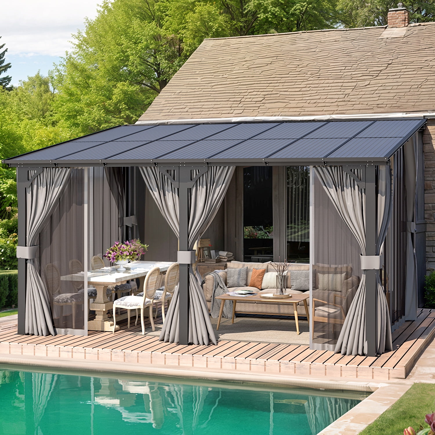 Walmart Coupons of AECOJOY 14' x 10' Lean to Gazebo with Netting and Curtain Outdoor Hardtop Gazebo Aluminum Metal Pergola For Garden, Patio, Backyard-Dark Gray