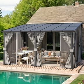 AECOJOY 14' x 10' Lean to Gazebo with Netting and Curtain Outdoor Hardtop Gazebo Aluminum Metal Pergola ​For Garden, Patio, Backyard-​Dark ​Gray
