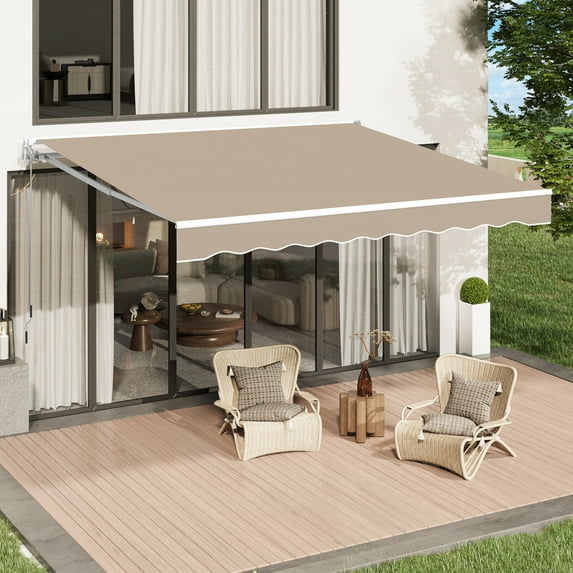 AECOJOY 14' x 10' Manual Retractable Patio Awning,Outdoor Awning Retractable Sunshade Shelter-Beige
